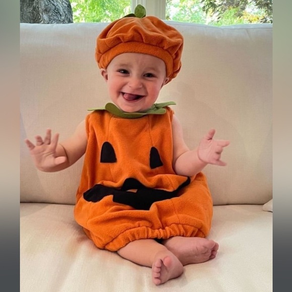 Pottery Barn Kids pumpkin halloween costume 2 piece set hat jack-o-lantern baby - Picture 2 of 9